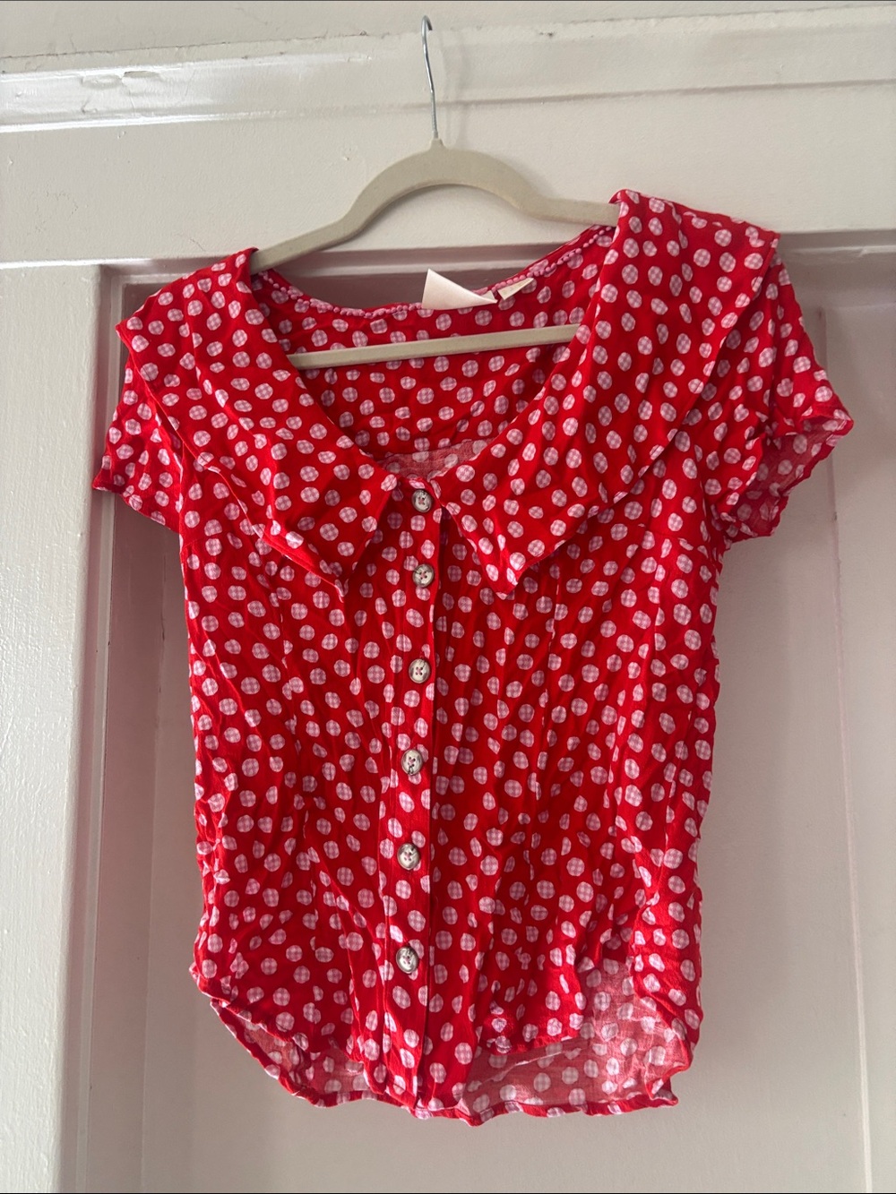 Maeve Red Polka Dot Button-Front Ruffle Collar Blouse